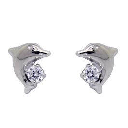 Polished Sterling Silver Cubic Zirconia Dolphin Stud Earrings