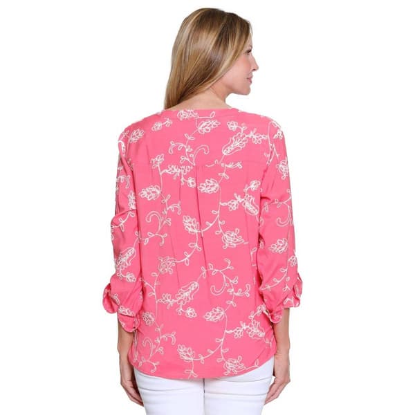 Womens Multiples Roll Tab Sleeve Floral Vine Embroidery Blouse