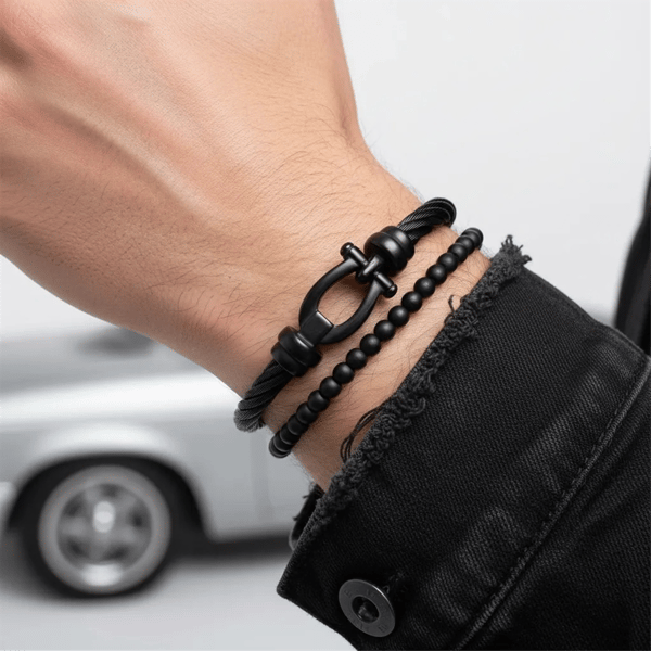 Mens Iron Saints Black Cable Cuff Bracelet