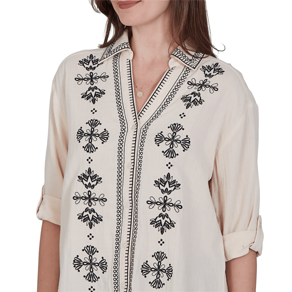 Womens Ruby Rd. Tropical Noir Roll Tab Sleeve Front Button Blouse