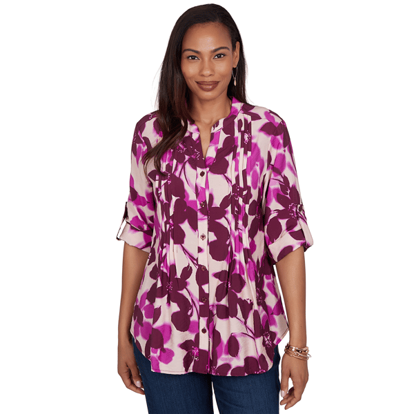 Womens Ruby Rd. Must Haves Roll Tab Sleeve Shadow Floral Blouse - image 