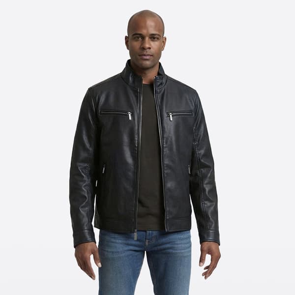 Mens London Fog Faux Leather Jacket w/ Stand Up Collar