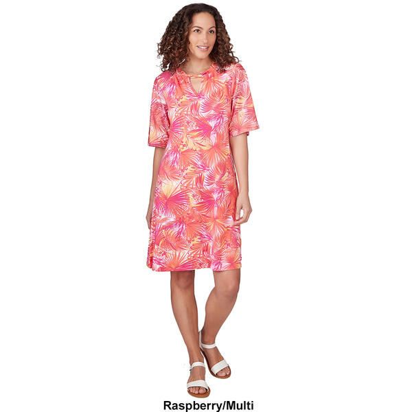 Petite Ruby Rd. Short Sleeve Tropical Keyhole Neck Shift Dress