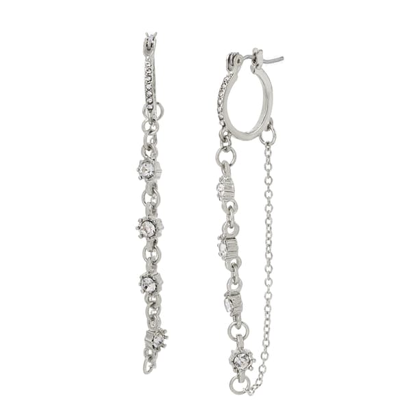 Steve Madden Silver Dangle Chain & Stone Gems Hoop Earrings - image 