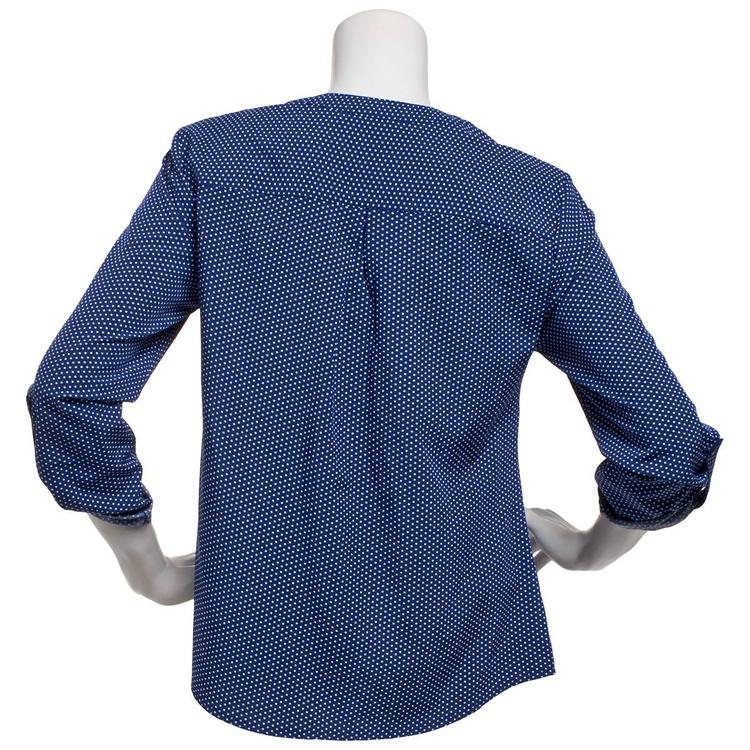 Womens Notations 3/4 Roll Tab Sleeve Dot Split Neck Blouse
