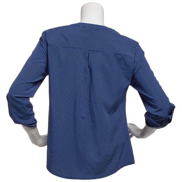 Womens Notations 3/4 Roll Tab Sleeve Dot Split Neck Blouse