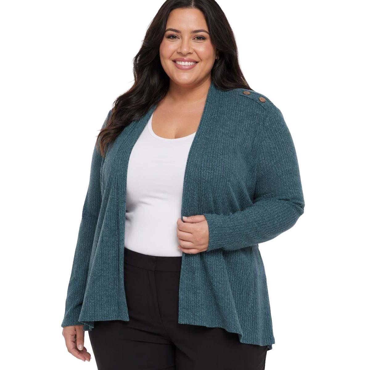 Plus Size Cure Open Front w/Shoulder Buttons Solid Cardigan