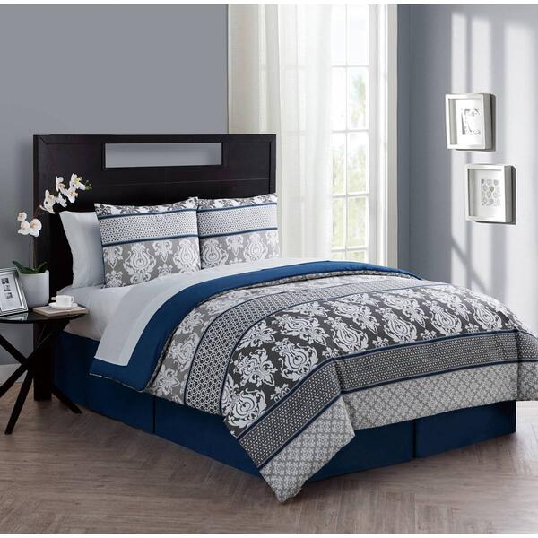 VCNY Home Beckham Blue Damask Queen Bed-in-a-Bag Comforter Set - image 