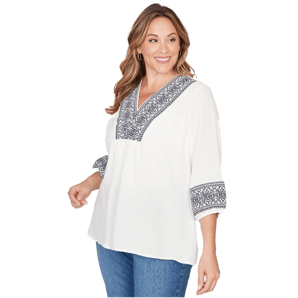 Plus Size Skye’s the Limit Fresh Start Scroll V-Neck Blouse