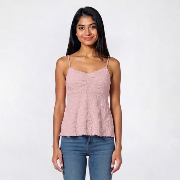 Juniors Pink Rose V-Neck Babydoll Camisole with Lace
