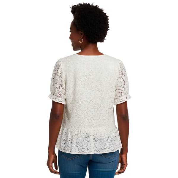 Womens Adrianna Papell Short Sleeve V Neck Lace Ruffle Blouse