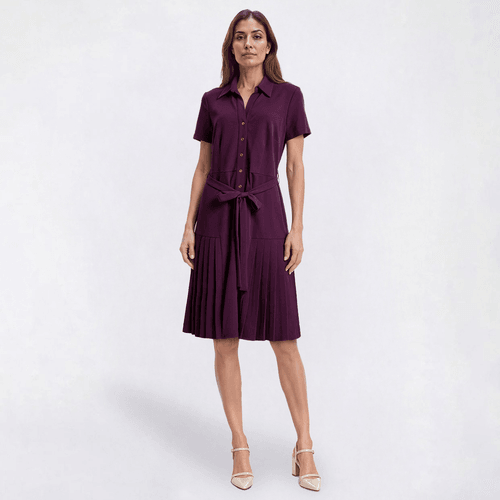 Womens Sharagano Solid Short Sleeve Crepe Pleated Shirtdress