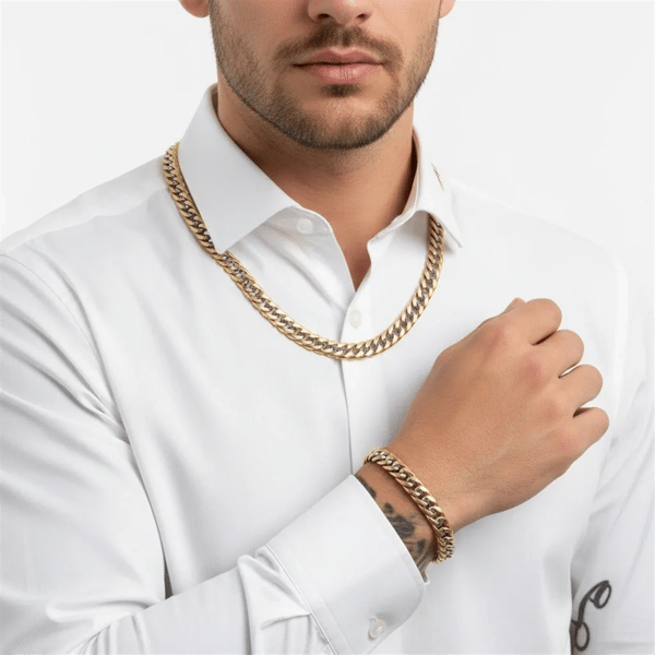 Mens Iron Saints 8.5mm Cuban Link Two-Tone Necklace Bracelet Set