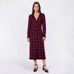 Womens Sandra Darren Long Sleeve Plaid Button Sweater Dress