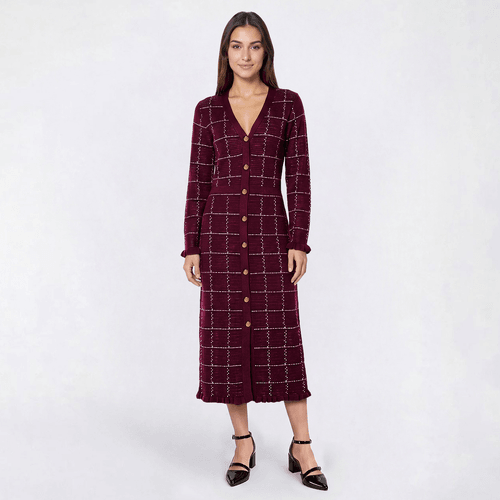 Womens Sandra Darren Long Sleeve Plaid Button Sweater Dress