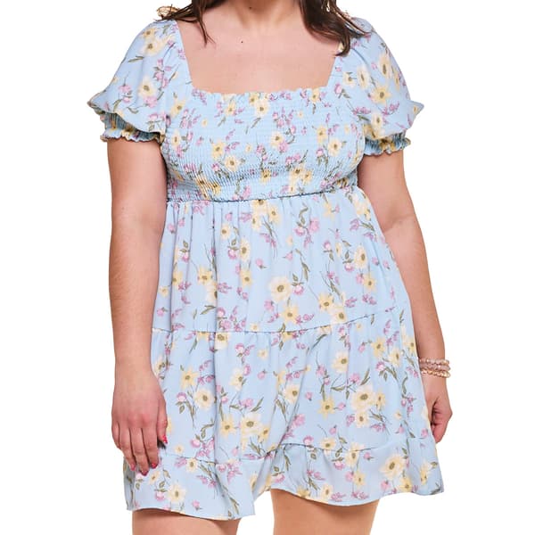 Juniors Plus No Comment Short Sleeve Smock Bodice Dress