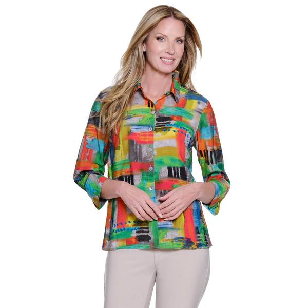 Plus Size Ali Miles 3/4 Sleeve Textured Jacquard Button Front Bl