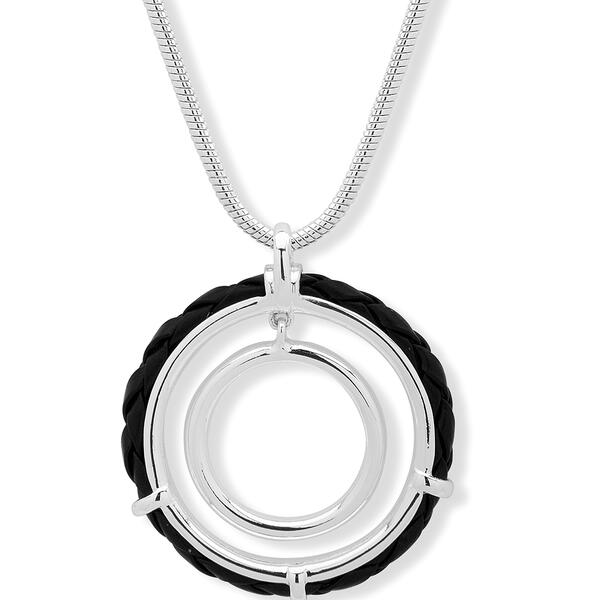Chaps Silver-Tone & Jet Leather Round Pendant Necklace - image 