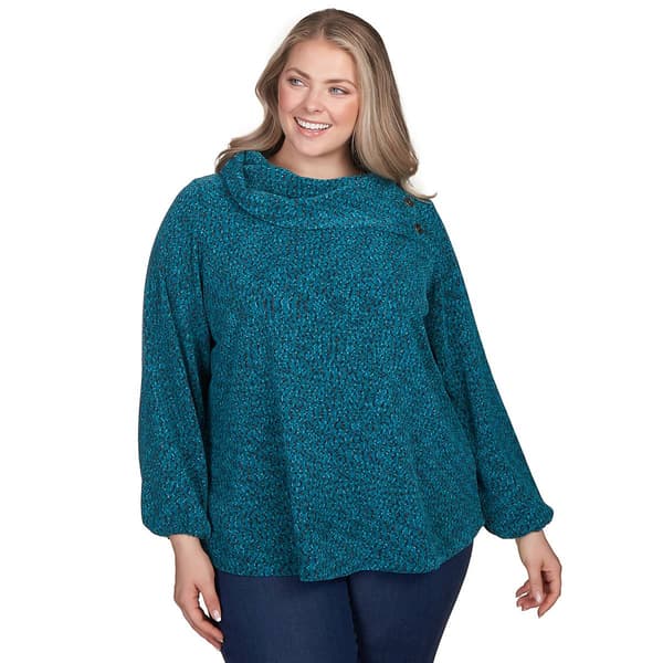 Plus Size Ruby Rd. Teal Appeal Split Cowl Chenille Top - image 