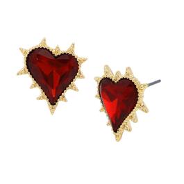 Betsey Johnson Red Stone Heart w/ Spikey Hardware Stud Earrings