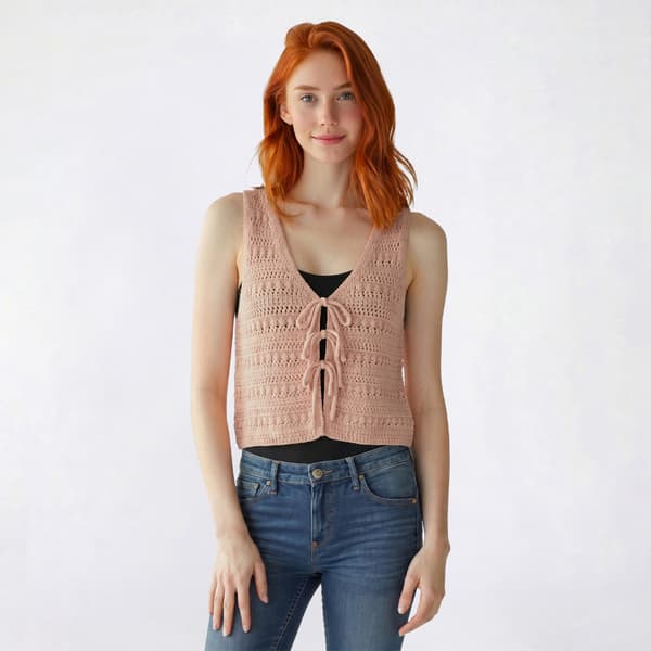 Juniors Pink Rose Sleeveless V Neck Crochet 3 Tie Vest