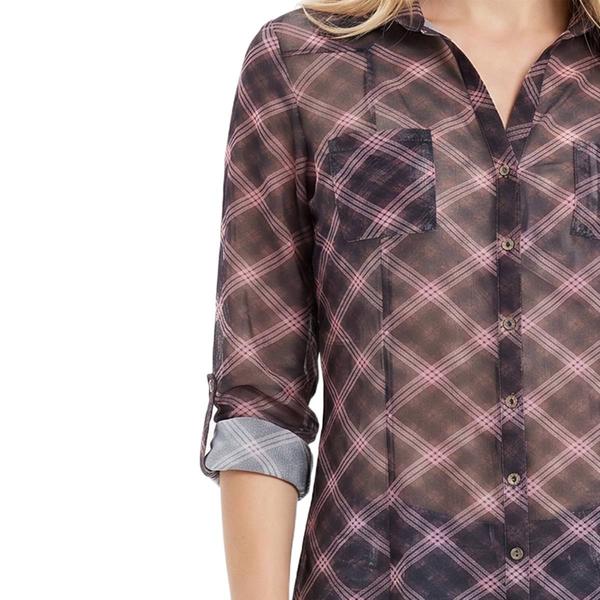 Womens NY Collection Roll Tab Sleeve Plaid Mesh Tunic Blouse