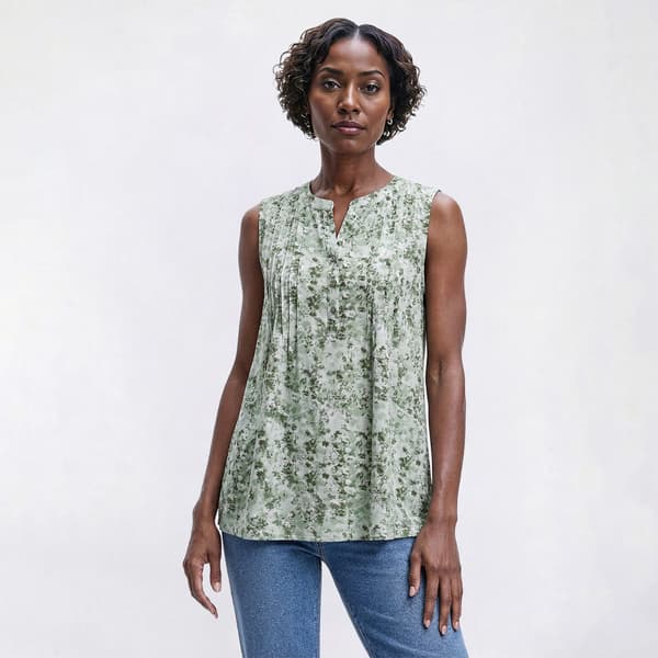 Plus Size Napa Valley Sleeveless Floral Leaf Pleat Henley Blouse