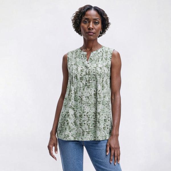 Plus Size Napa Valley Sleeveless Floral Leaf Pleat Henley Blouse - image 