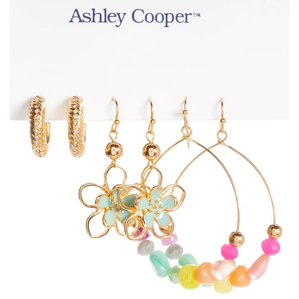 Ashley Cooper(tm) Floral Drop/Textured & Beaded Hoop Earring Set - image 