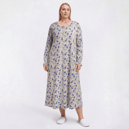 Plus Size White Orchid Long Sleeve Shadow Floral Henley Nightgown