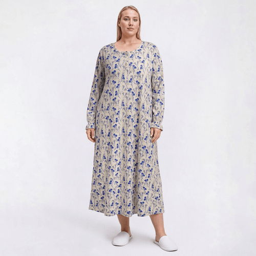 Plus Size White Orchid Long Sleeve Shadow Floral Henley Nightgown