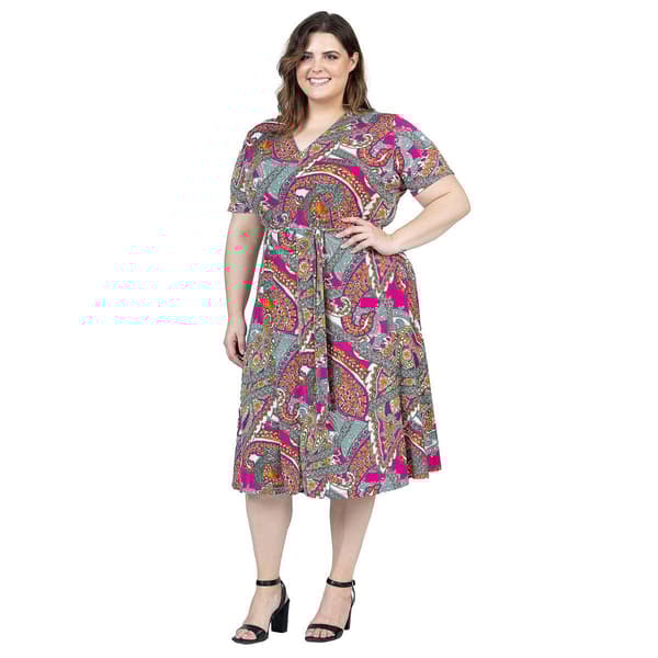 Plus Size 24/7 Comfort Apparel Paisley Tie Waist Midi Dress