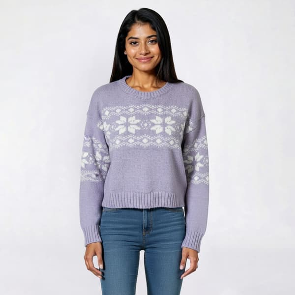 Juniors Pink Rose Chenille Fair Isle Snowflake Crew Neck Sweater - image 