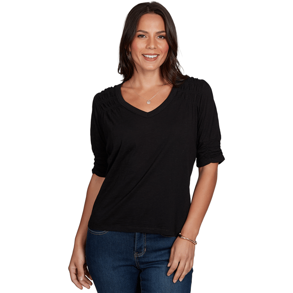 Womens Skyes the Limit Key Items Ruch Elbow Sleeve Blouse - image 