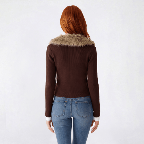 Juniors A. Byer Long Sleeve Fur Collar Tie Front Sweater Cardigan