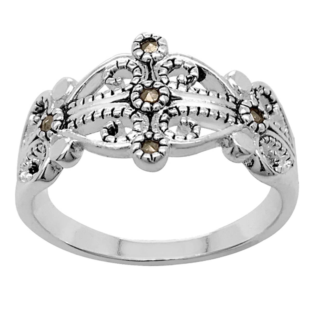 Marsala 11mm Silver Plated Marcasite Filigree Statement Ring