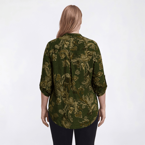 Plus Size Notations 3/4 Sleeve Paisley Pleated Henley Blouse