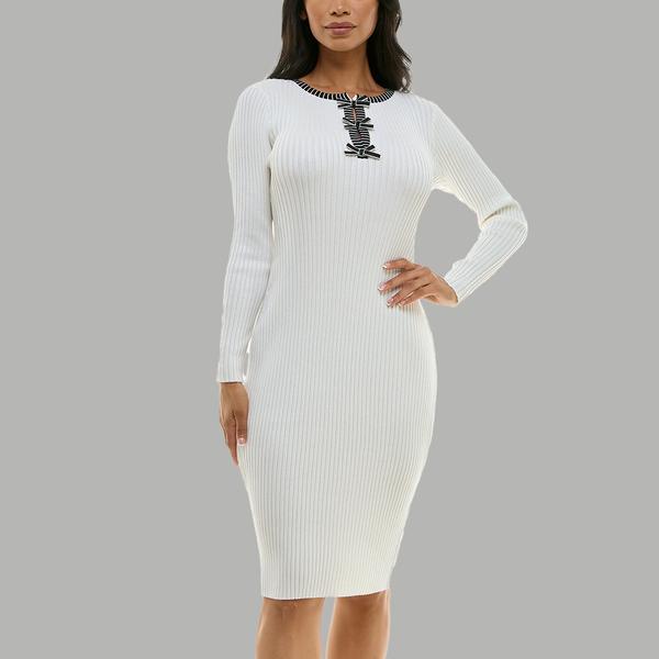 Womens Nina Leonard Long Sleeve Ribbed Bow Trim Sweater Dress - image 