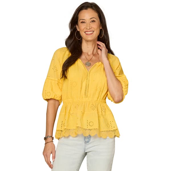 Womens Democracy Elbow Bubble Sleeve Split Neck Crochet Peplum - image 