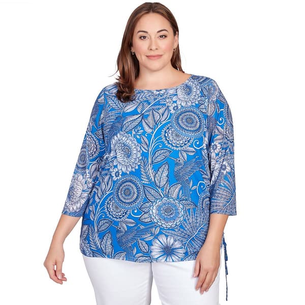 Plus Size Ruby Rd. Blue Horizon Knit Hummingbird Floral Tee - Boscov's