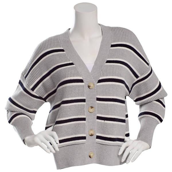 Juniors Pink Rose Shaker Stitch Boxy Striped V-Neck Cardigan - image 