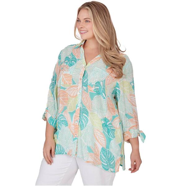 Plus Size Ruby Rd. Wovens 3/4 Tie Sleeve Leaf Casual Button Down