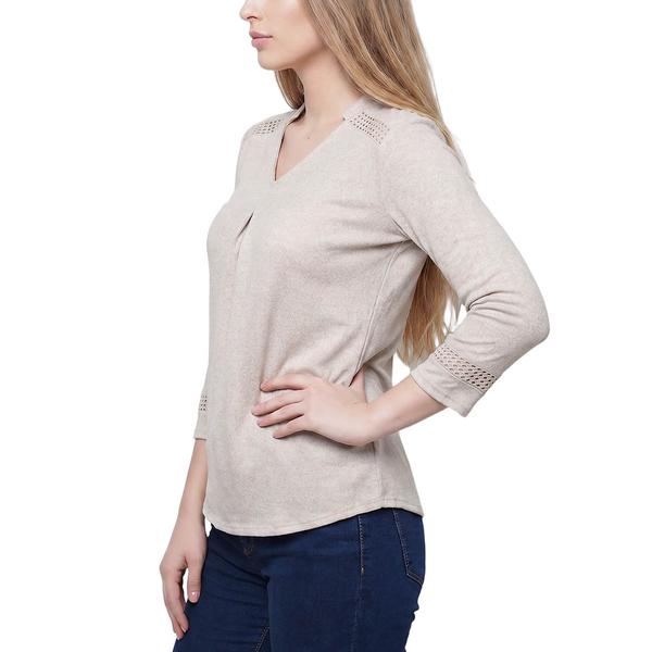 Petite NY Collection 3/4 Sleeve Split Neck Crochet Trim Blouse