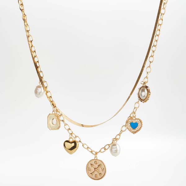 Ashley Gold Plated Mixed Chain Necklace w/ Heart & Pearl Charms - image 