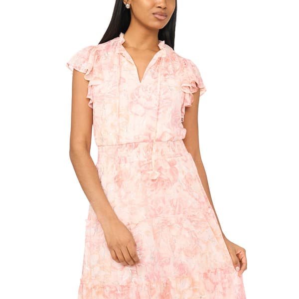 Womens MSK Ruffle Sleeve Tie Neck Floral Tier Maxi Dress