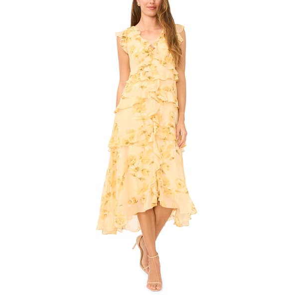 Womens Cece Sleeveless Print Chiffon Cascade Ruffle Dress - image 