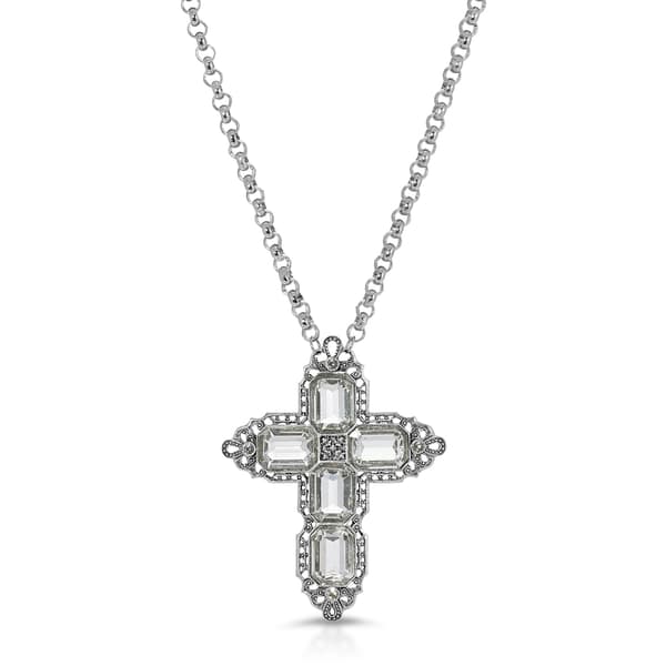 1928 Pewter Rectangle Swarovski&#40;R&#41; Crystal Cross Pendant Necklace - image 
