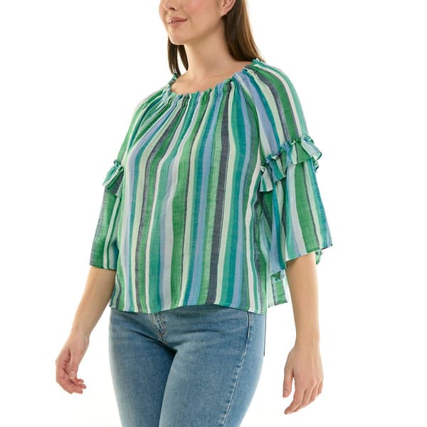 Womens Zac & Rachel 3/4 Ruffle Sleeve Stripe Blouse
