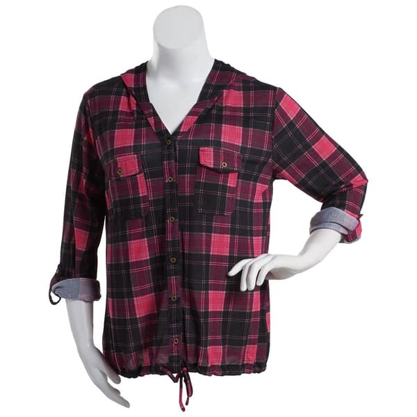 Plus Size New York Laundry Roll Tab Hood Tunic w/Tie Front-Pink - image 