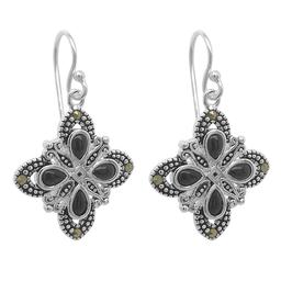 Marsala Silver Plated Marcasite & Onyx Inlay Drop Earrings